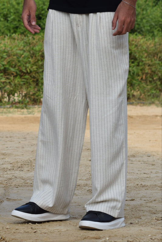 Unisex Beige Wide-Leg Striped Trousers