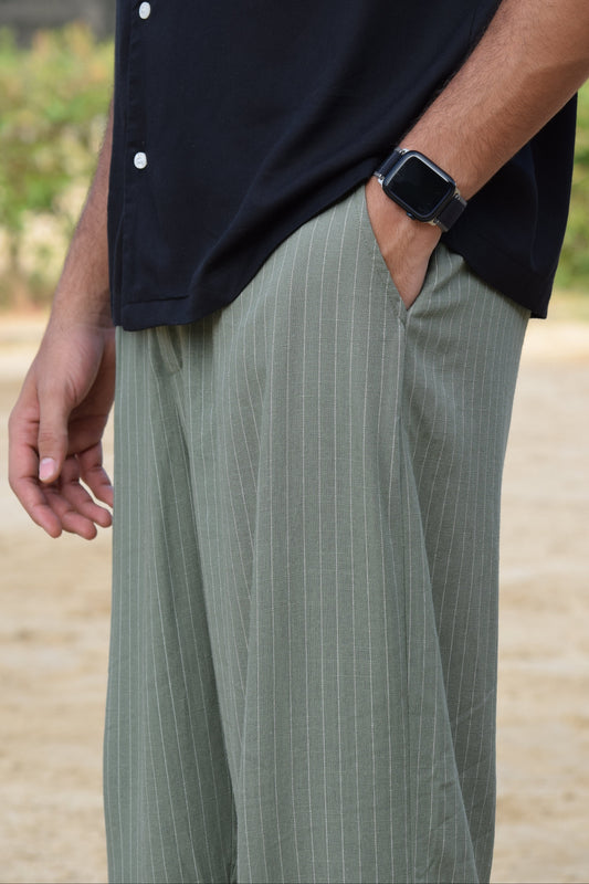 Unisex Olive Wide-Leg Striped Trousers
