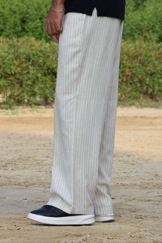 Unisex Beige Wide-Leg Striped Trousers
