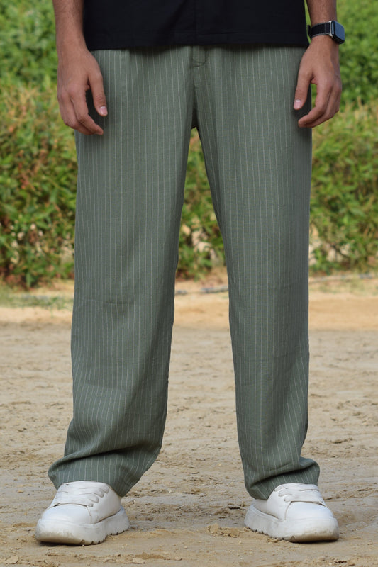 Unisex Olive Wide-Leg Striped Trousers