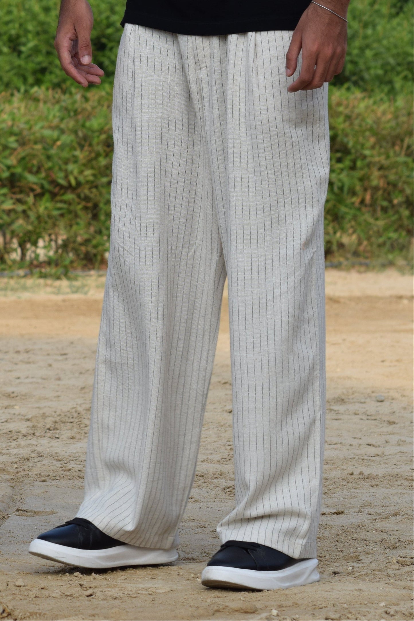 Unisex Beige Wide-Leg Striped Trousers