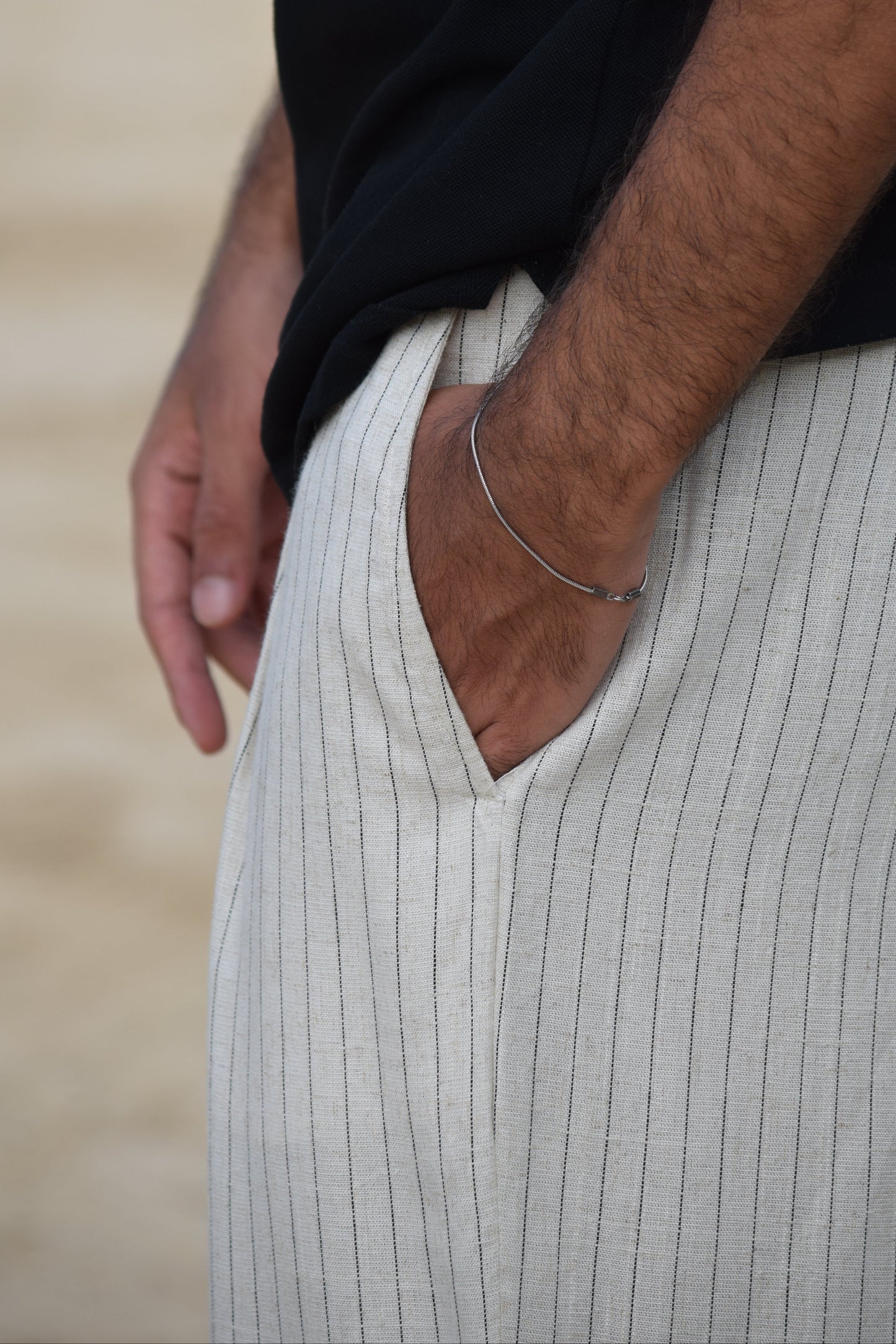 Unisex Beige Wide-Leg Striped Trousers